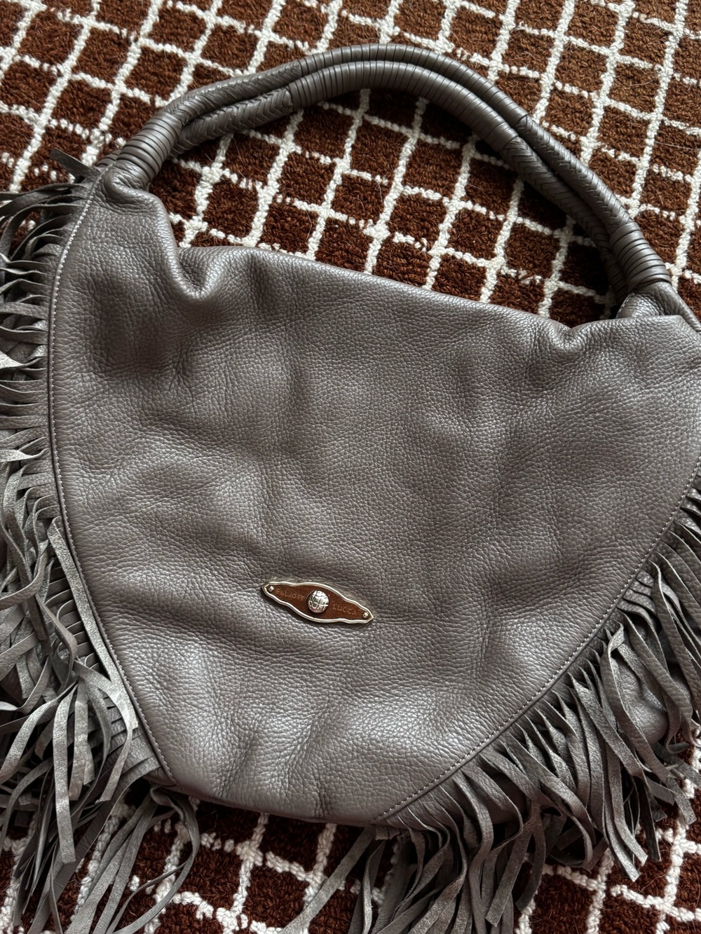 Elliott Lucca Gray Fringe Leather Hobo Shoulder Bag
